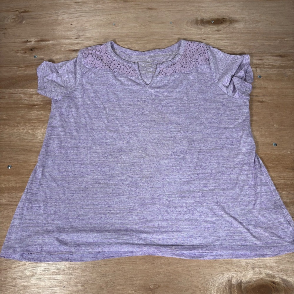 Just My Size Purple Space Dye Lace Trim Split Neck Short Sleeve Top 2X 18W-20W